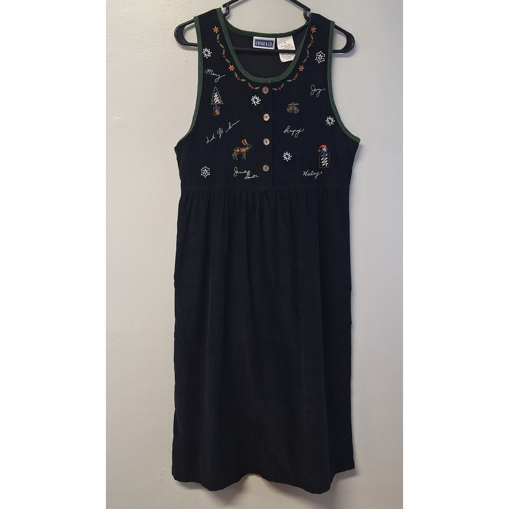 Erika & Co Womens Small Black Corduroy Christmas Jumper Dress Embroidered VTG